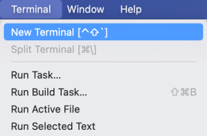 Terminal Window 
New Terminal ['so'] 
Split Terminal 
Run Task... 
Run Build Task... 
Run Active File 
Run Selected Text 
Help 