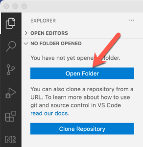 o 
EXPLORER 
> 
OPEN EDITORS 
v NO FOLDER OPENED 
You have not yet opene 
Open Folder 
older. 
You can also clone a repository from a 
URL. To learn more about how to use 
git and source control in VS Code 
read our docs. 
Clone Repository 